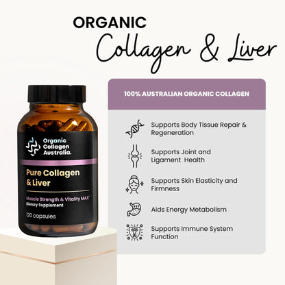 Organic Collagen Australia Pure Collagen & Liver Capsules – Muscle Strength & Vitality with Hydrolyzed Collagen, Grass-Fed Liver, and Vitamin B12 – 120 Capsules - dailyvitalstore