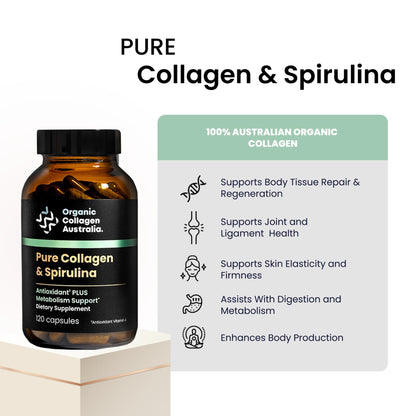 Organic Collagen Australia Pure Collagen & Spirulina Capsules – Antioxidant-Rich Supplement for Skin Elasticity, Joint Health, Metabolism Support & Energy (120 Capsules) - dailyvitalstore