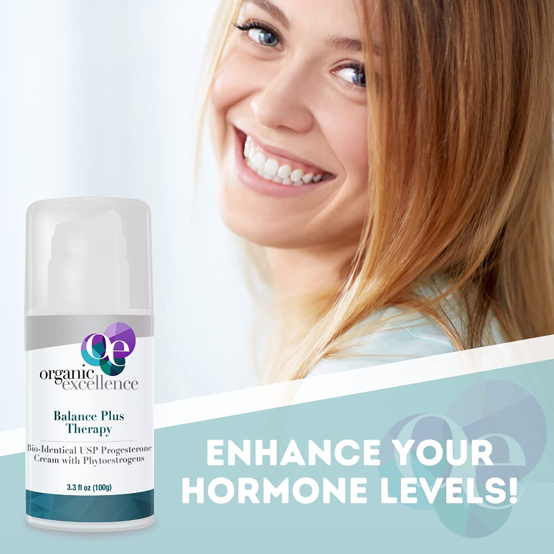 Organic Excellence Balance Plus Therapy - USP Bioidentical Organic Progesterone Cream for Women - with Phytoestrogens - for Menopause Relief and Natural Hormone Balance, 3.3 fl oz (100g) - dailyvitalstore