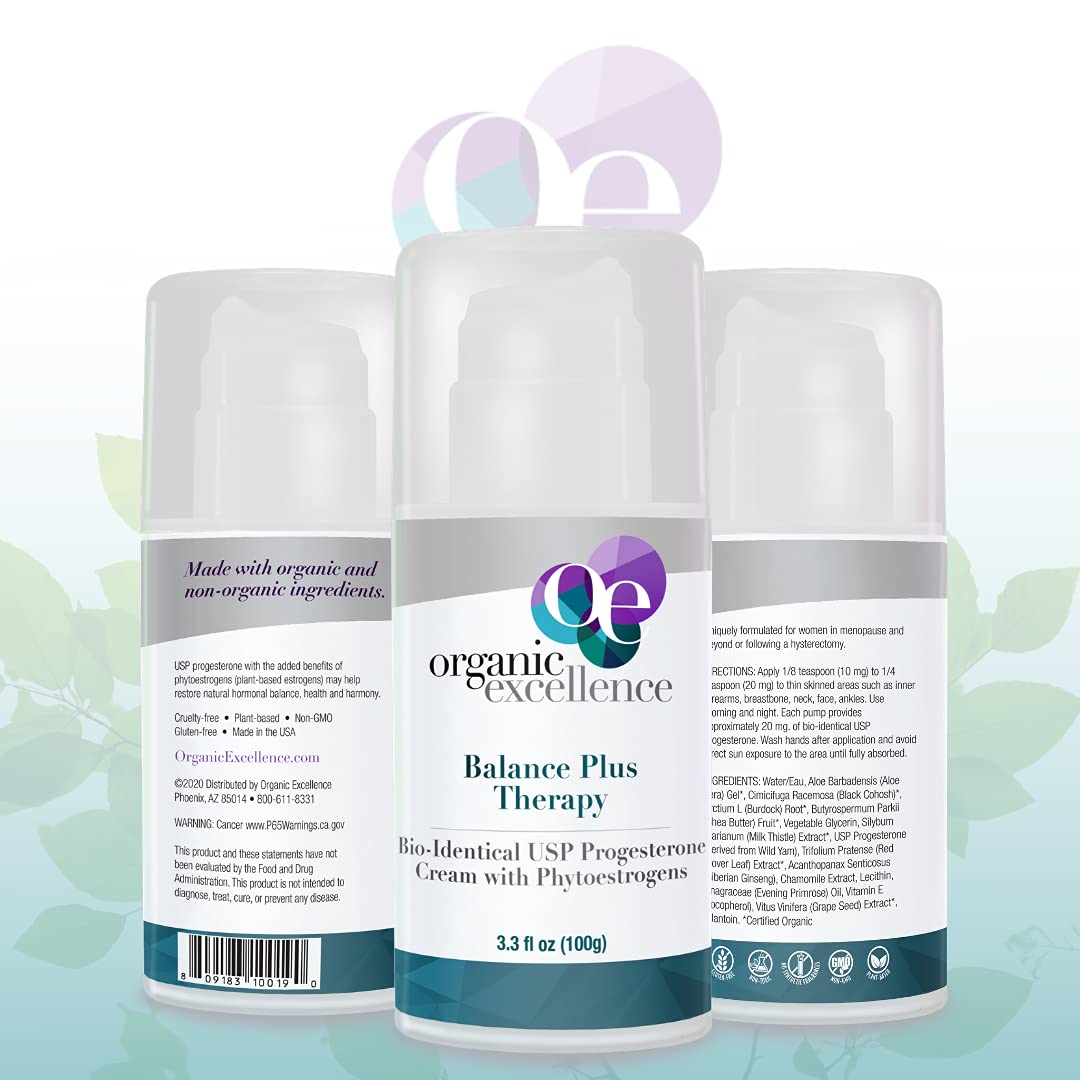 Organic Excellence Balance Plus Therapy - USP Bioidentical Organic Progesterone Cream for Women - with Phytoestrogens - for Menopause Relief and Natural Hormone Balance, 3.3 fl oz (100g) - dailyvitalstore