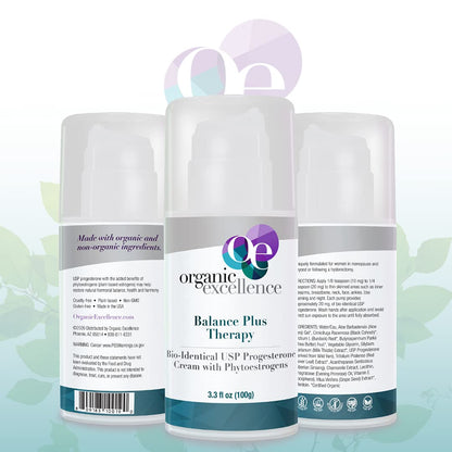 Organic Excellence Balance Plus Therapy - USP Bioidentical Organic Progesterone Cream for Women - with Phytoestrogens - for Menopause Relief and Natural Hormone Balance, 3.3 fl oz (100g) - dailyvitalstore