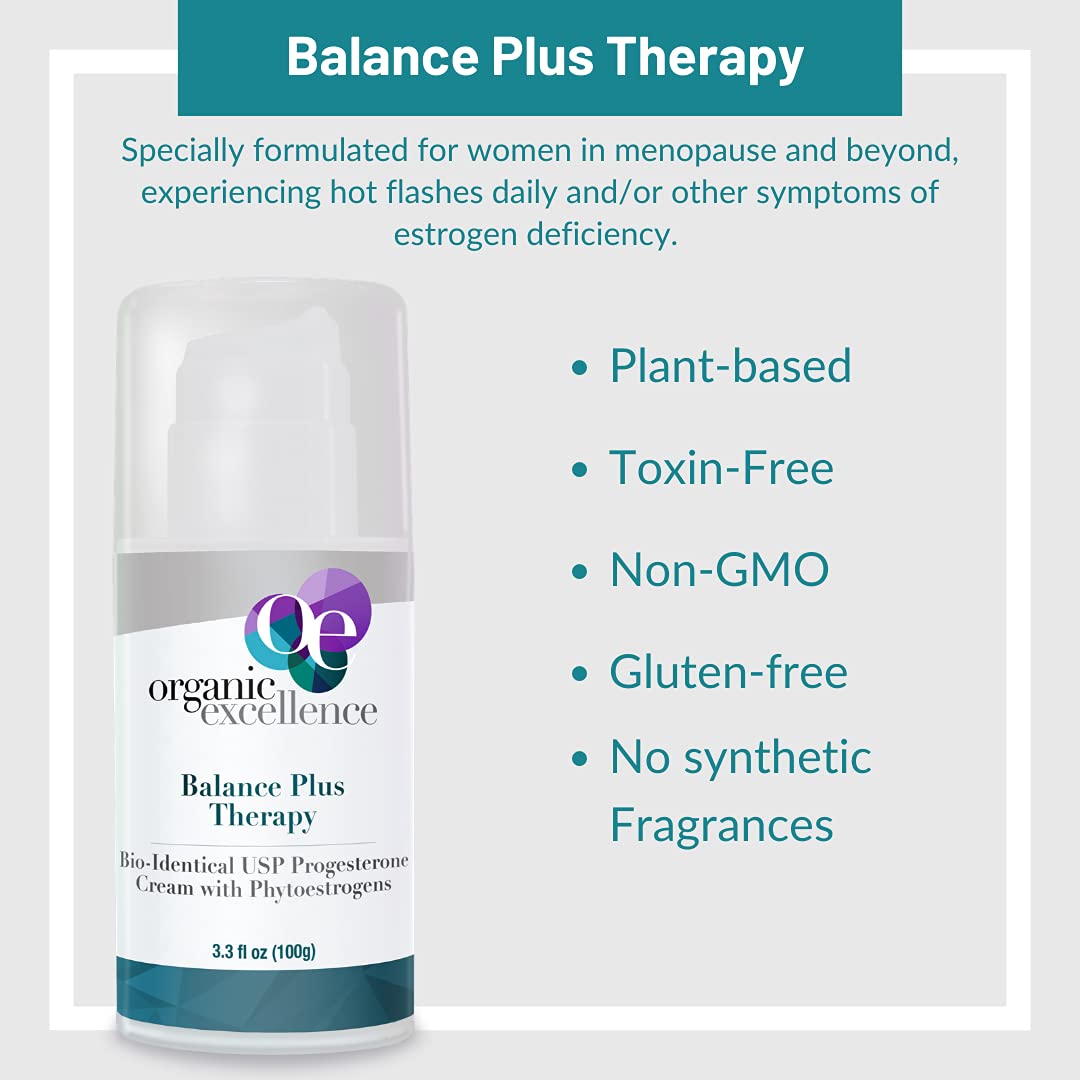 Organic Excellence Balance Plus Therapy - USP Bioidentical Organic Progesterone Cream for Women - with Phytoestrogens - for Menopause Relief and Natural Hormone Balance, 3.3 fl oz (100g) - dailyvitalstore