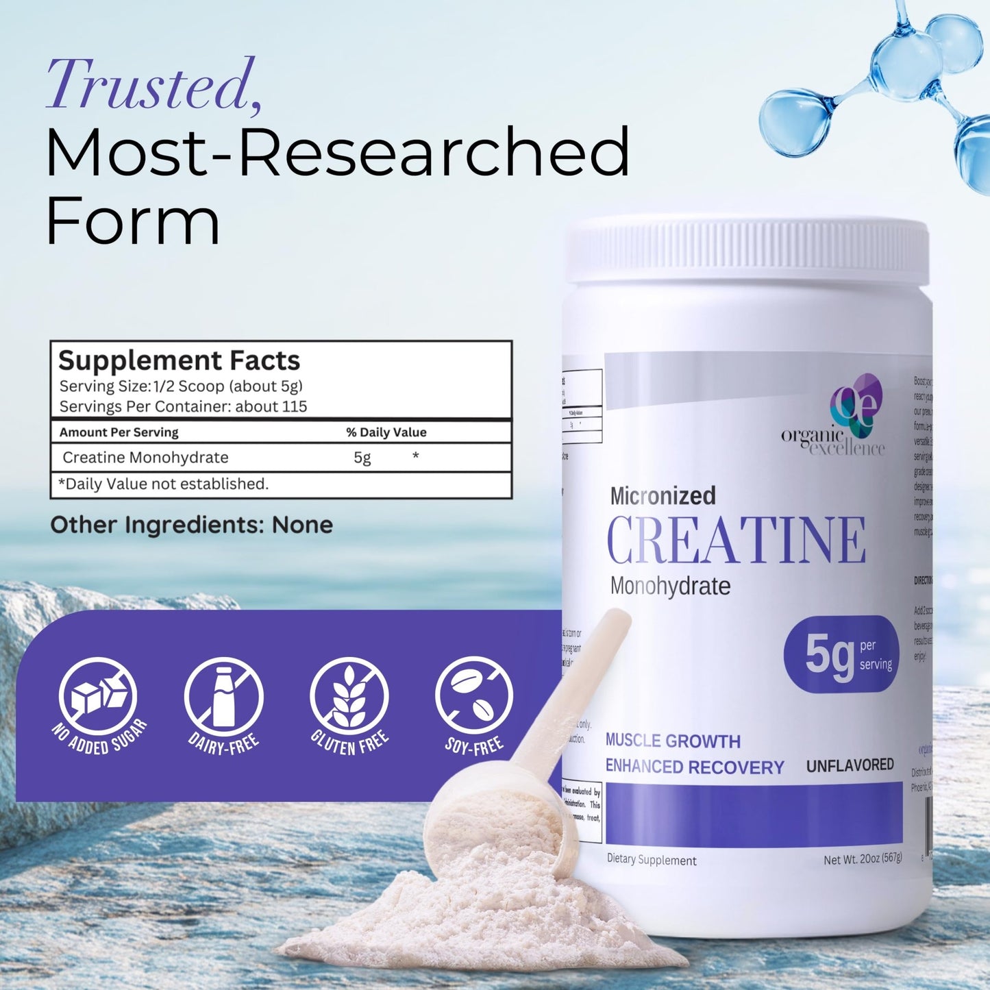 Organic Excellence Creatine Monohydrate – Micronized Creatine Powder for Muscle Growth, Strength & Recovery – Unflavored, 115 Servings - dailyvitalstore