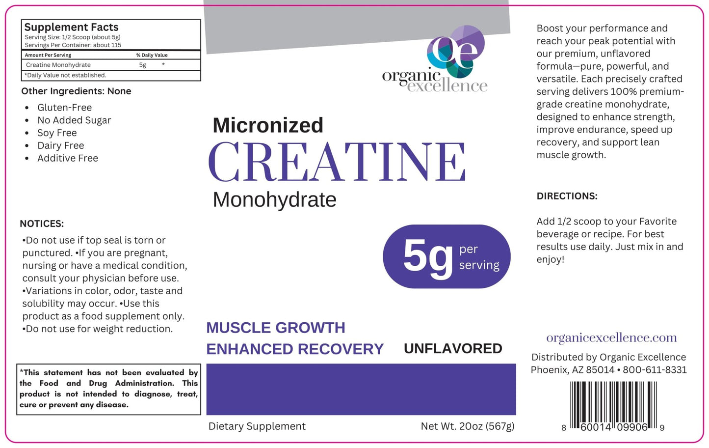 Organic Excellence Creatine Monohydrate – Micronized Creatine Powder for Muscle Growth, Strength & Recovery – Unflavored, 115 Servings - dailyvitalstore
