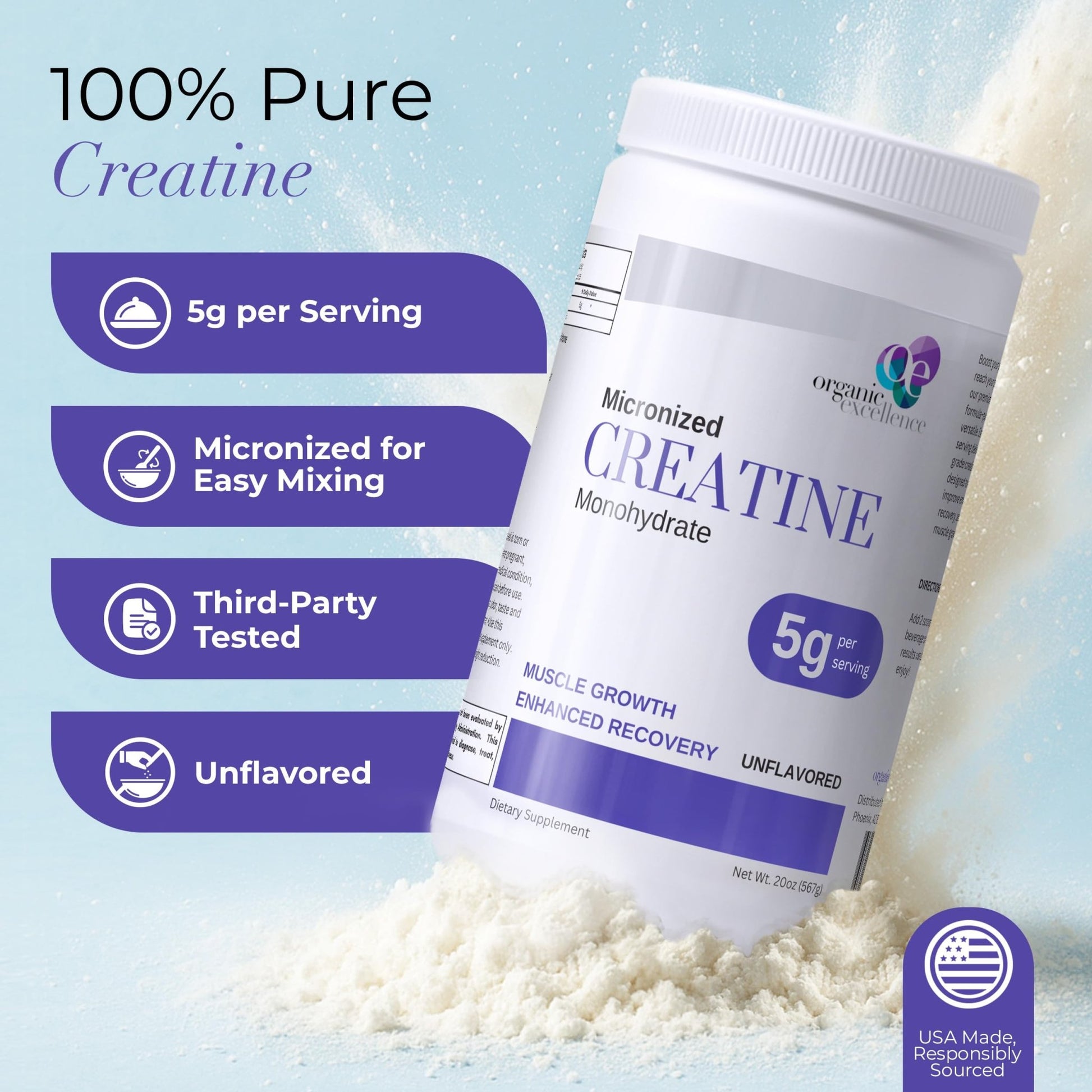 Organic Excellence Creatine Monohydrate – Micronized Creatine Powder for Muscle Growth, Strength & Recovery – Unflavored, 115 Servings - dailyvitalstore