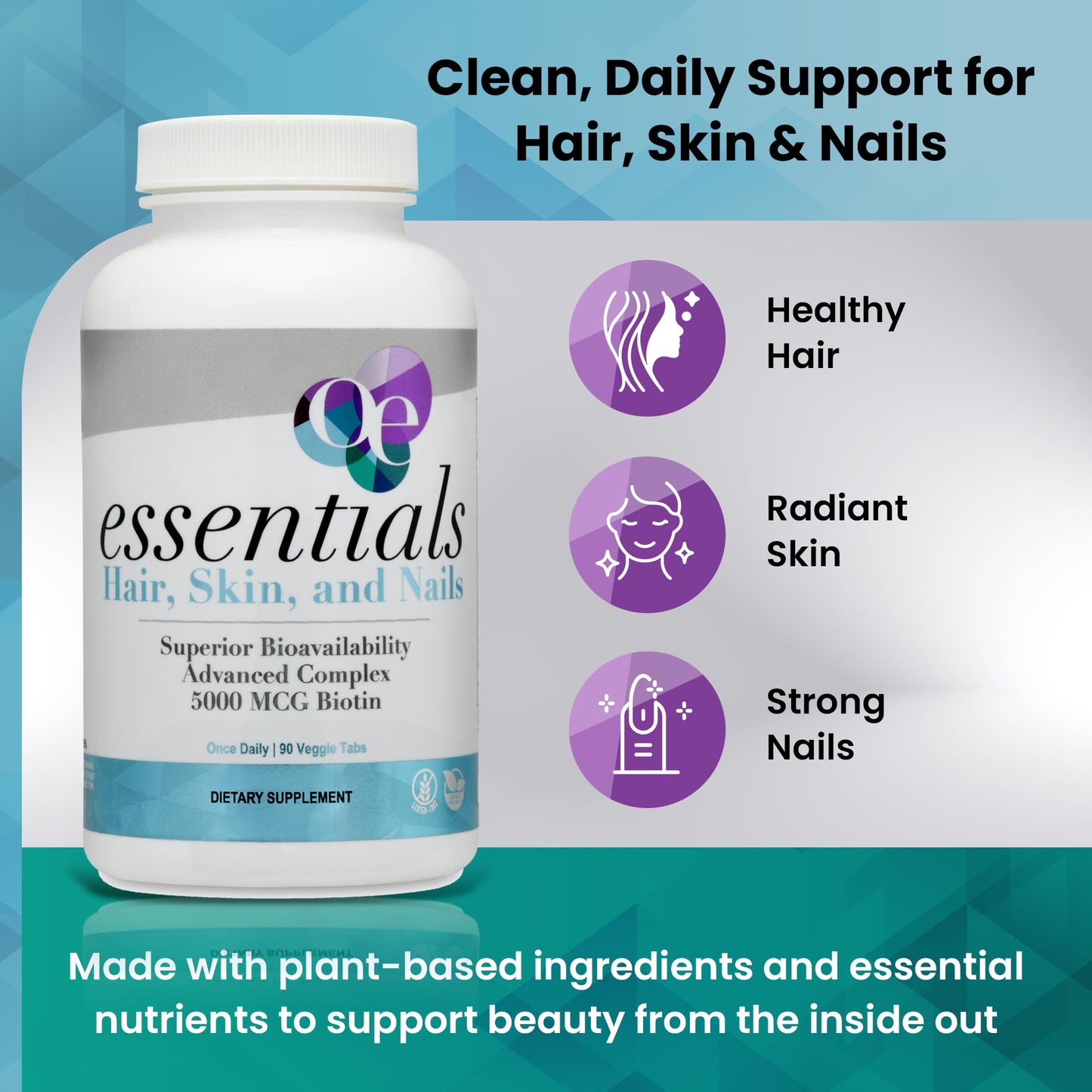 Organic Excellence Hair, Skin and Nails Vitamins for Women & Men – Biotin Supplement 5000 mcg– Hyaluronic Acid - Supports Healthy Hair Growth, Radiant Skin & Strong Nails, 1 Month Supply (30 Tablets) - dailyvitalstore