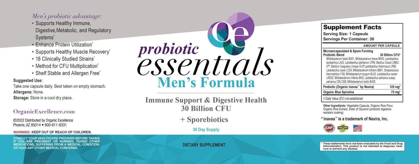 Organic Excellence Mens L Reuteri Probiotics for Gut Health with Prebiotics – 18 Strains for Digestive Health, Bloating & Immune Support – 30 Billion Probiotics + Sporebiotics – 30 Capsules - dailyvitalstore