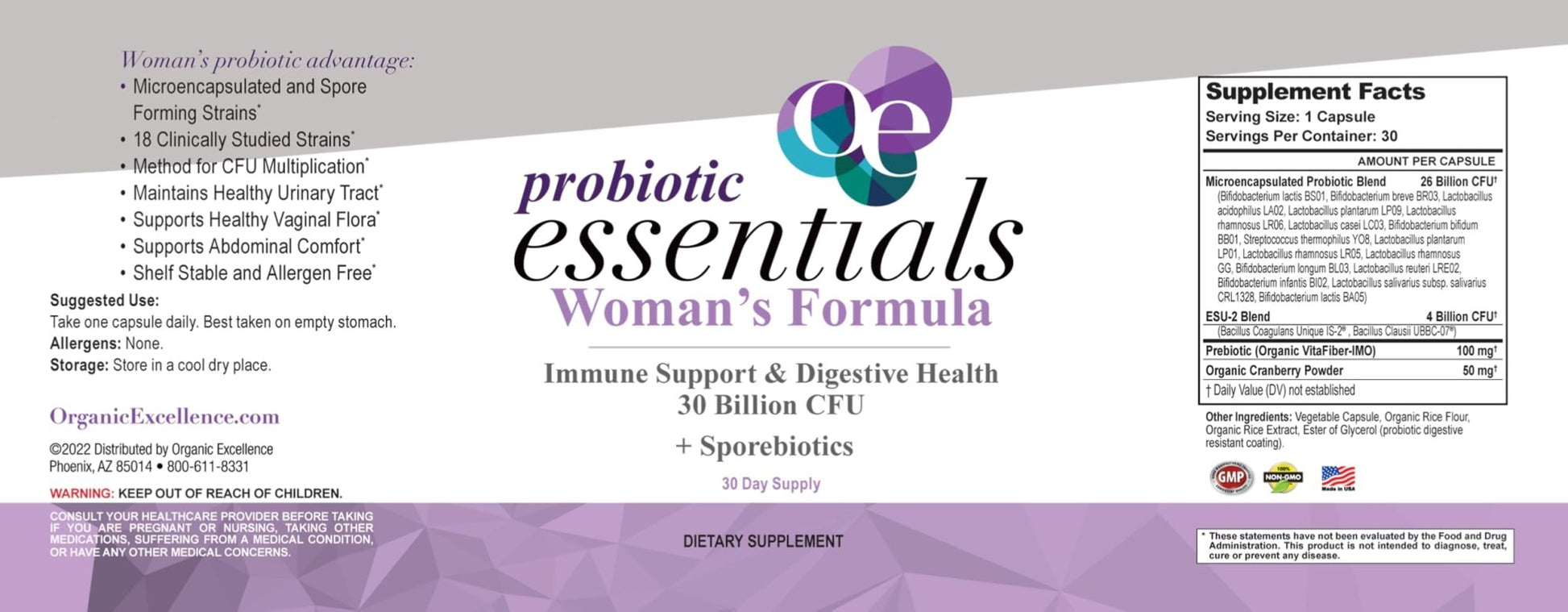 Organic Excellence Probiotics for Women – 30 Billion CFU 18 Strains Prebiotics & Sporebiotics – Gut, Vaginal, Digestive, Immune & Urinary Tract Support – 30 Capsules - dailyvitalstore