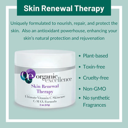 Organic Excellence Skin Renewal Therapy, Vitamin C Face & Neck Cream, Moisturizer to Stimulate Collagen Production and Increase Skin Cell Renewal, Organic Natural Non-Toxic Cruelty-Free 2 oz (57g) - dailyvitalstore