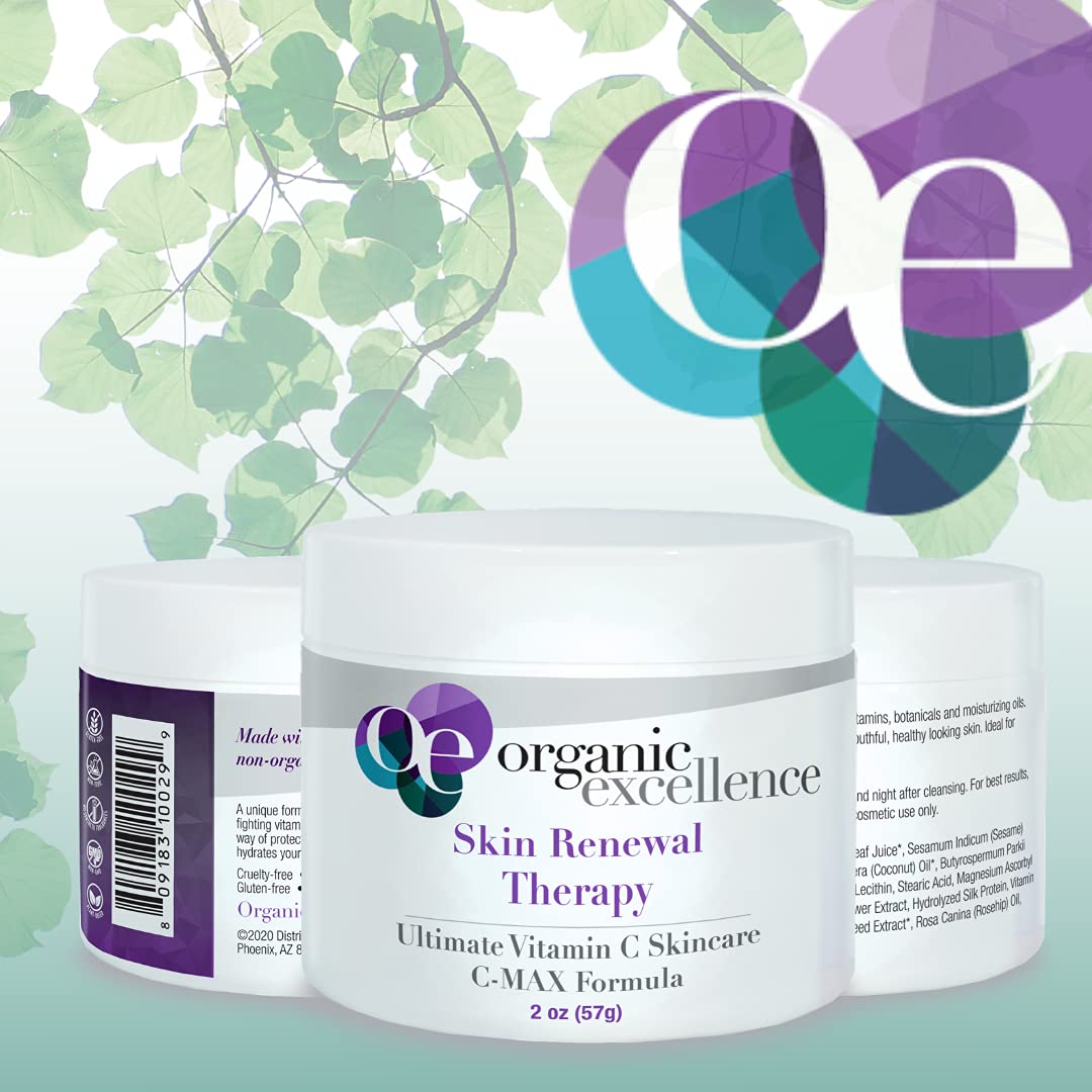 Organic Excellence Skin Renewal Therapy, Vitamin C Face & Neck Cream, Moisturizer to Stimulate Collagen Production and Increase Skin Cell Renewal, Organic Natural Non-Toxic Cruelty-Free 2 oz (57g) - dailyvitalstore