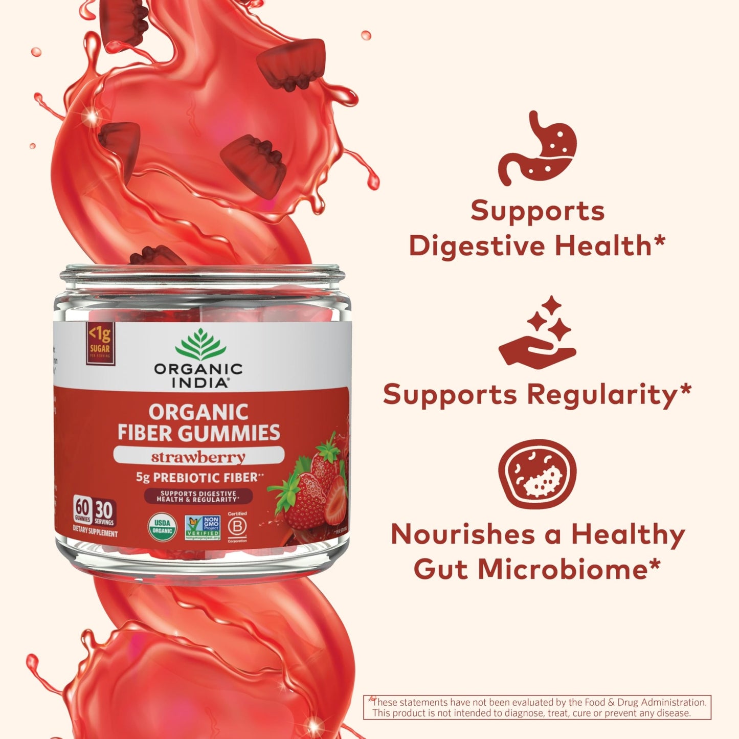ORGANIC INDIA Fiber Gummies for Adults - Prebiotic Fiber, Dietary Supplement, Digestive Health for Men & Women, Vegan, Low Sugar - dailyvitalstore