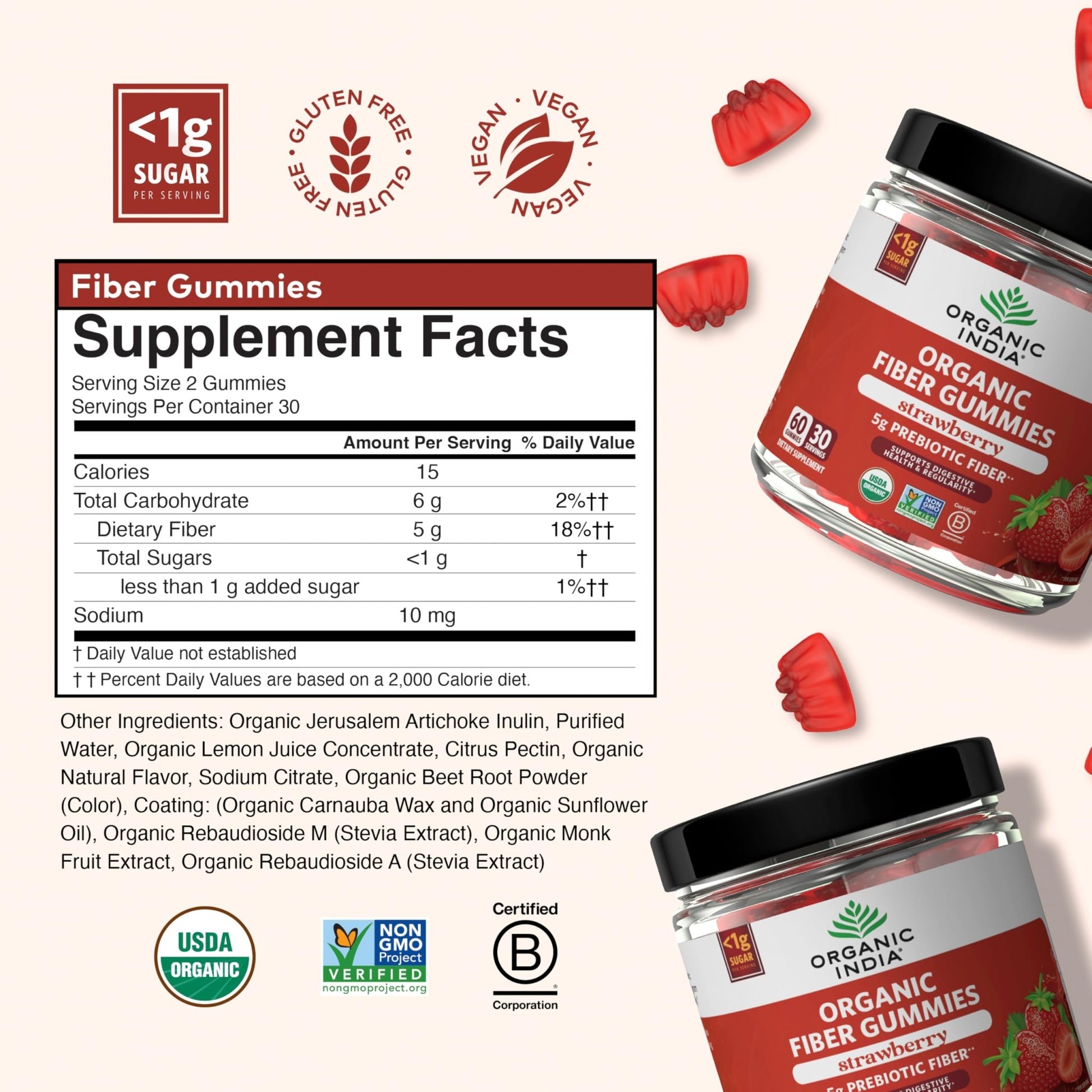 ORGANIC INDIA Fiber Gummies for Adults - Prebiotic Fiber, Dietary Supplement, Digestive Health for Men & Women, Vegan, Low Sugar - dailyvitalstore