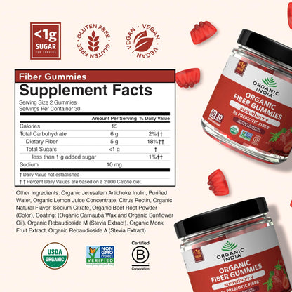 ORGANIC INDIA Fiber Gummies for Adults - Prebiotic Fiber, Dietary Supplement, Digestive Health for Men & Women, Vegan, Low Sugar - dailyvitalstore