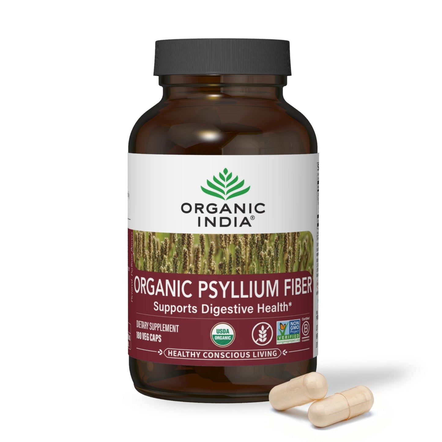 ORGANIC INDIA Psyllium Husk Capsules - Fiber Supplement, Healthy Elimination - Vegan, Keto Friendly, Gluten-Free, USDA Certified Organic, Non-GMO - dailyvitalstore