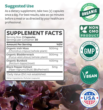 Organic Irish Sea Moss Capsules - Organic Sea Moss Capsules with Bladderwrack Burdock Root and Black Pepper Extract for Enhanced Absorption - Vegan Non-GMO & Made in the USA (1 Month Supply) - dailyvitalstore