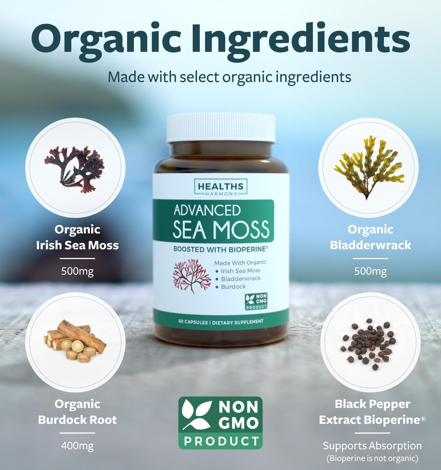 Organic Irish Sea Moss Capsules - Organic Sea Moss Capsules with Bladderwrack Burdock Root and Black Pepper Extract for Enhanced Absorption - Vegan Non-GMO & Made in the USA (1 Month Supply) - dailyvitalstore
