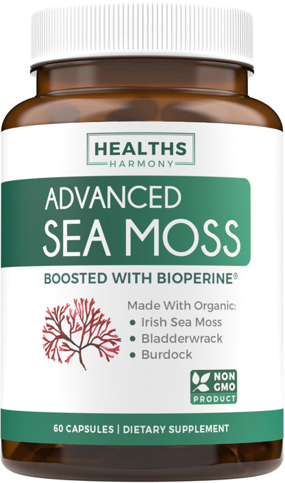 Organic Irish Sea Moss Capsules - Organic Sea Moss Capsules with Bladderwrack Burdock Root and Black Pepper Extract for Enhanced Absorption - Vegan Non-GMO & Made in the USA (1 Month Supply) - dailyvitalstore
