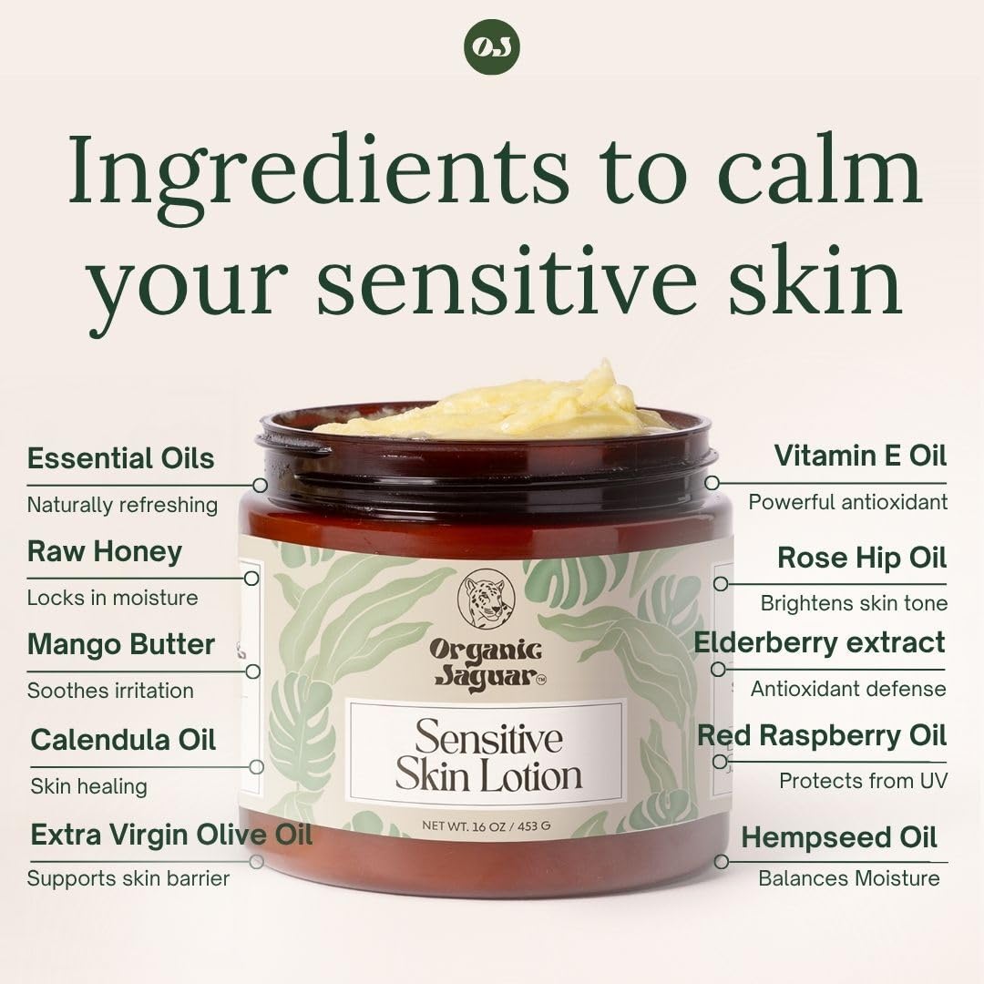 Organic Jaguar Natural Body Lotion for Sensitive Skin, Scent Free, Sulfate & Paraben Free Body Care, Moisturizer With Essential Oils, Vitamin E Oil, Beeswax, Extra Virgin Olive Oil, Raw Honey, 8 oz - dailyvitalstore