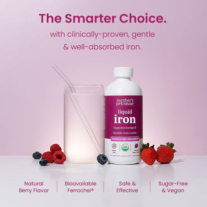 Organic Liquid Iron Supplement for Women, Men & Kids with Vitamin C | Sugar Free Natural Berry Flavor Non Constipating Vegan Ferrochel - dailyvitalstore