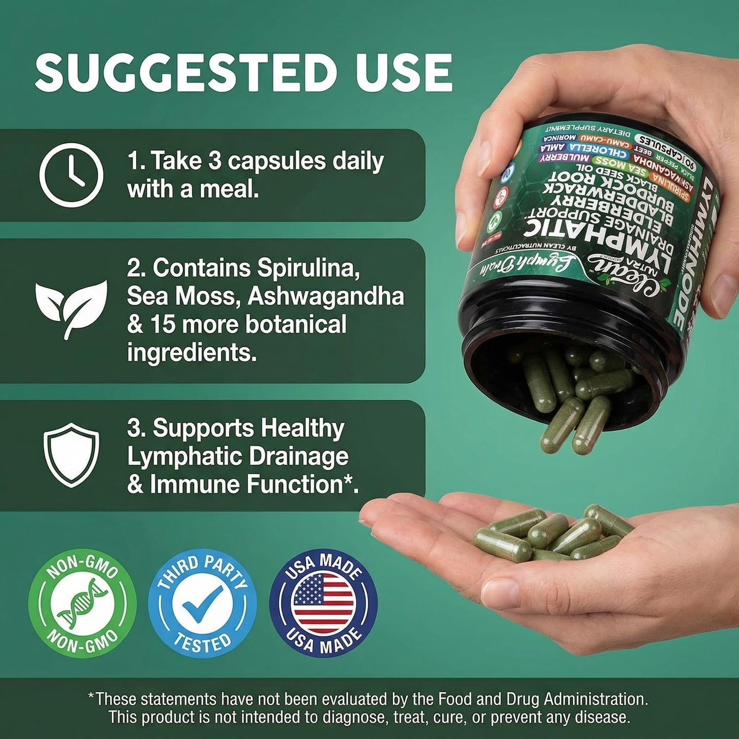 Organic Lymphatic Drainage Supplements | Elderberry Bladderwrack Burdock Root Black Seed Oil Spirulina Sea Moss Ashwagandha Chlorella Amla Beet Moringa Chlorophyll Lymph System Capsules By Clean Nutra - dailyvitalstore