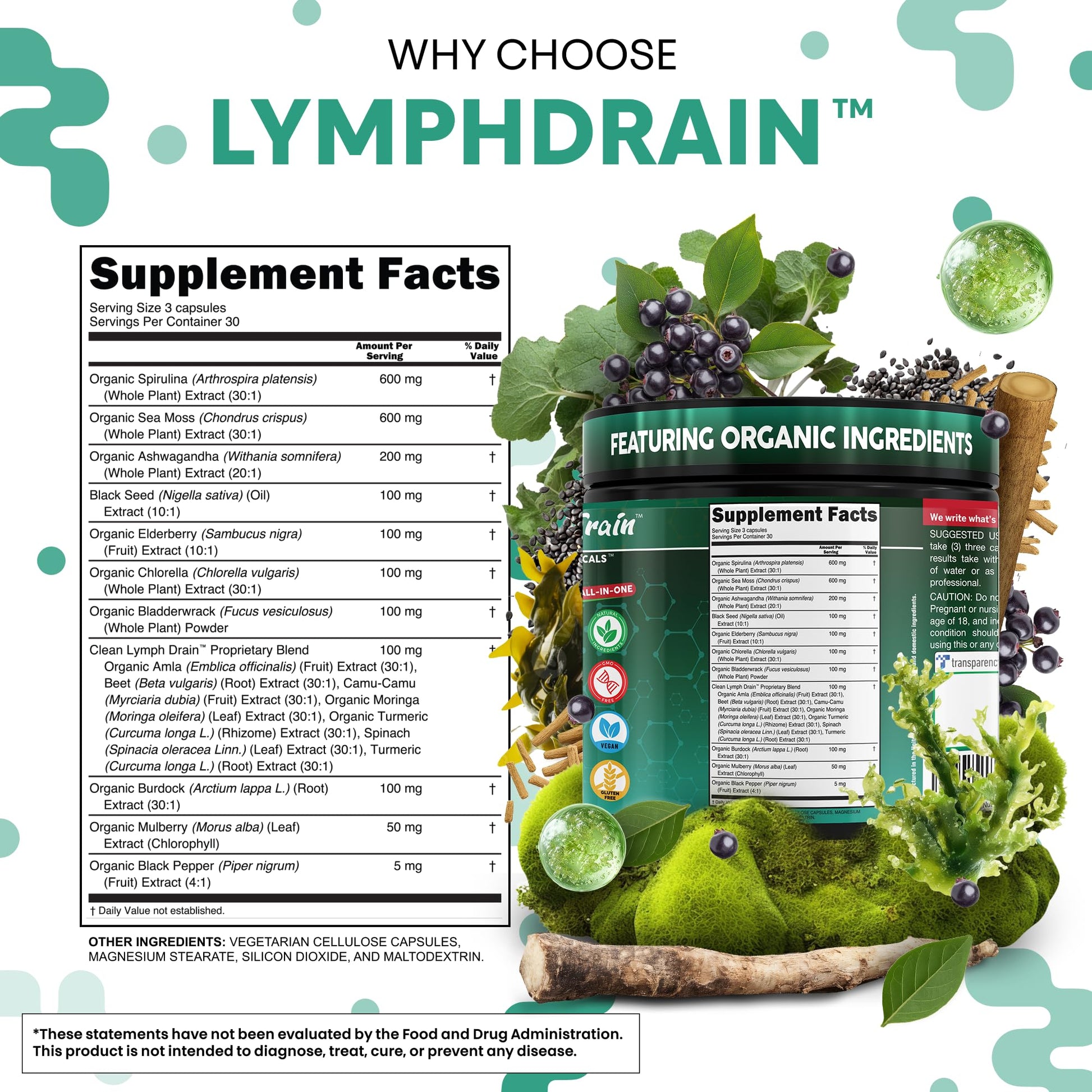 Organic Lymphatic Drainage Supplements | Elderberry Bladderwrack Burdock Root Black Seed Oil Spirulina Sea Moss Ashwagandha Chlorella Amla Beet Moringa Chlorophyll Lymph System Capsules By Clean Nutra - dailyvitalstore