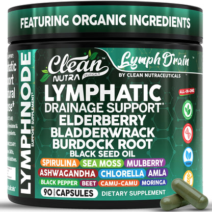 Organic Lymphatic Drainage Supplements | Elderberry Bladderwrack Burdock Root Black Seed Oil Spirulina Sea Moss Ashwagandha Chlorella Amla Beet Moringa Chlorophyll Lymph System Capsules By Clean Nutra - dailyvitalstore