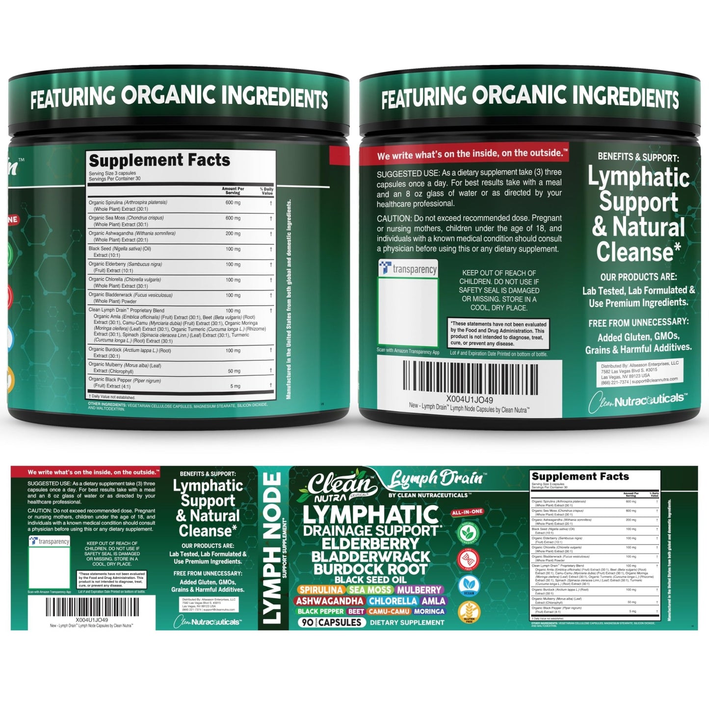 Organic Lymphatic Drainage Supplements | Elderberry Bladderwrack Burdock Root Black Seed Oil Spirulina Sea Moss Ashwagandha Chlorella Amla Beet Moringa Chlorophyll Lymph System Capsules By Clean Nutra - dailyvitalstore
