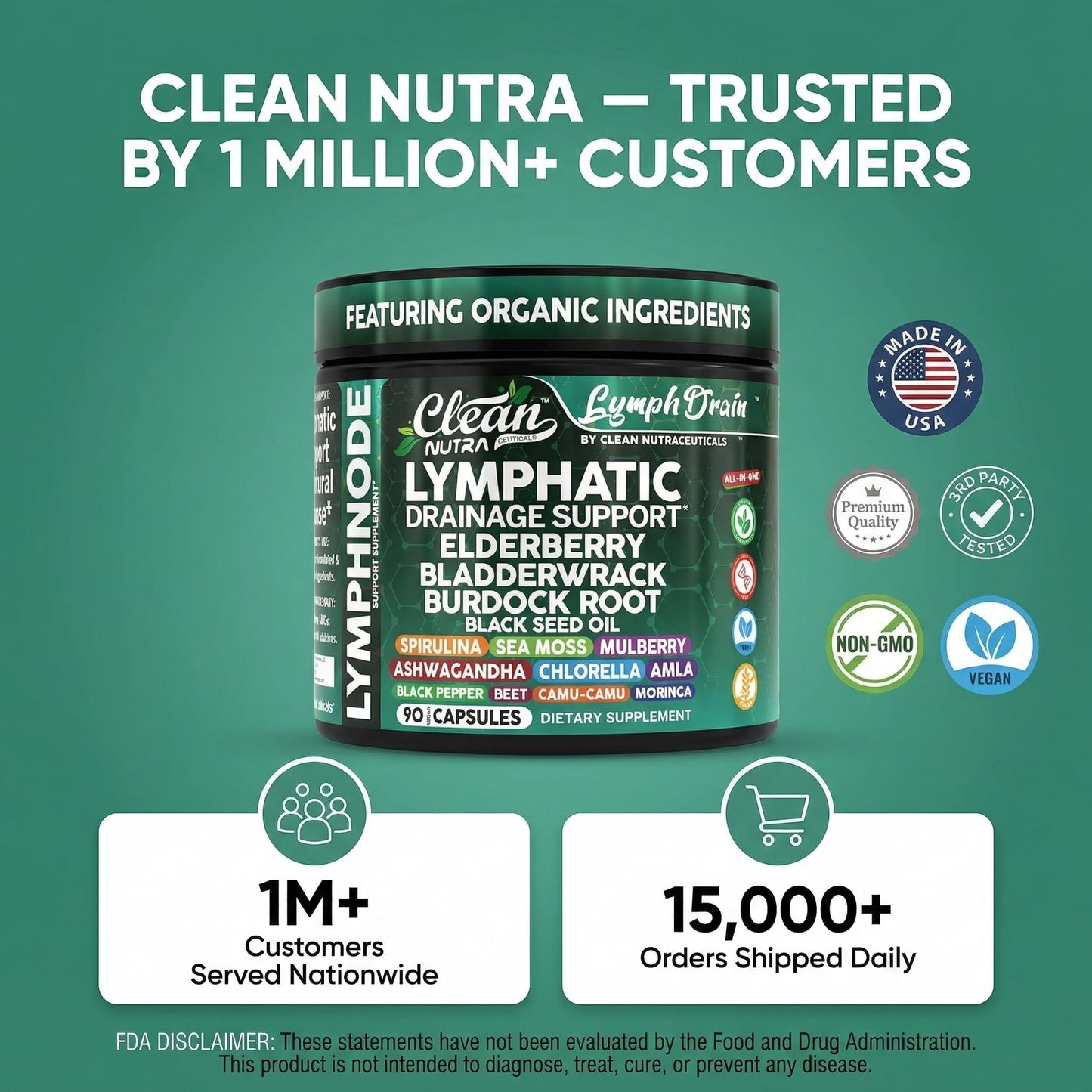 Organic Lymphatic Drainage Supplements | Elderberry Bladderwrack Burdock Root Black Seed Oil Spirulina Sea Moss Ashwagandha Chlorella Amla Beet Moringa Chlorophyll Lymph System Capsules By Clean Nutra - dailyvitalstore