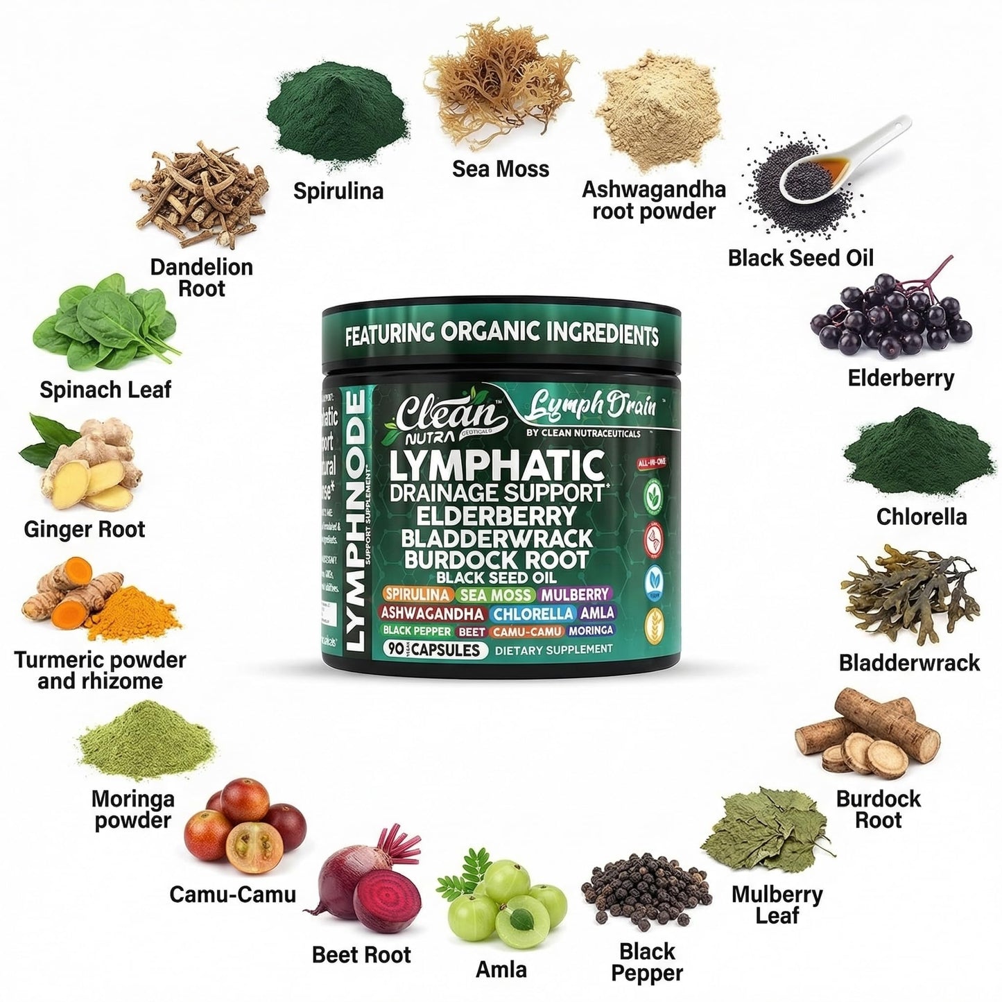 Organic Lymphatic Drainage Supplements | Elderberry Bladderwrack Burdock Root Black Seed Oil Spirulina Sea Moss Ashwagandha Chlorella Amla Beet Moringa Chlorophyll Lymph System Capsules By Clean Nutra - dailyvitalstore
