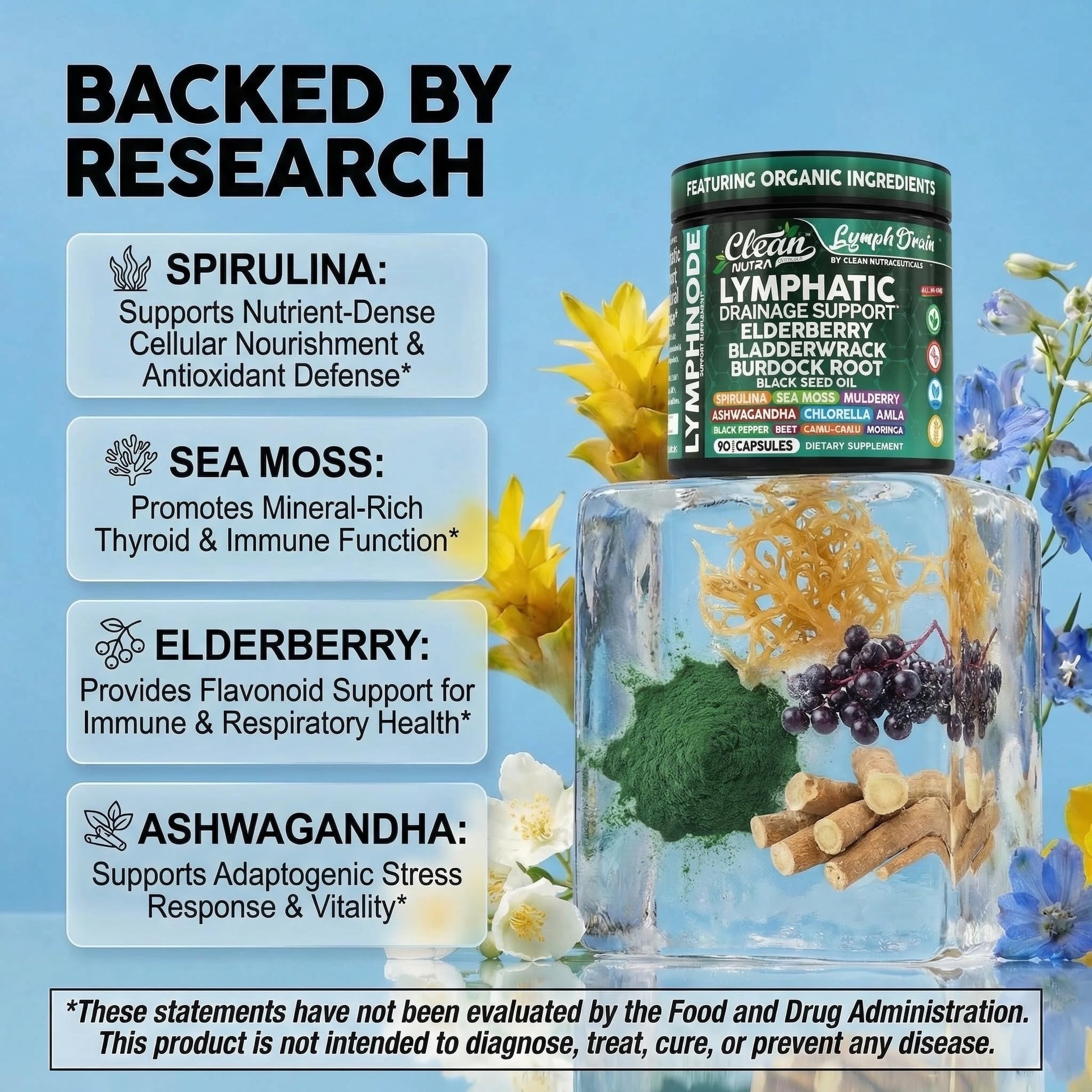 Organic Lymphatic Drainage Supplements | Elderberry Bladderwrack Burdock Root Black Seed Oil Spirulina Sea Moss Ashwagandha Chlorella Amla Beet Moringa Chlorophyll Lymph System Capsules By Clean Nutra - dailyvitalstore