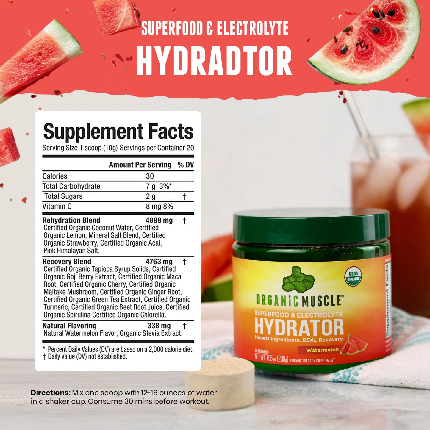 Organic Muscle Hydrator | Natural Electrolyte Powder for Peak Performance & Recovery - Watermelon Flavor, 20 Servings - dailyvitalstore