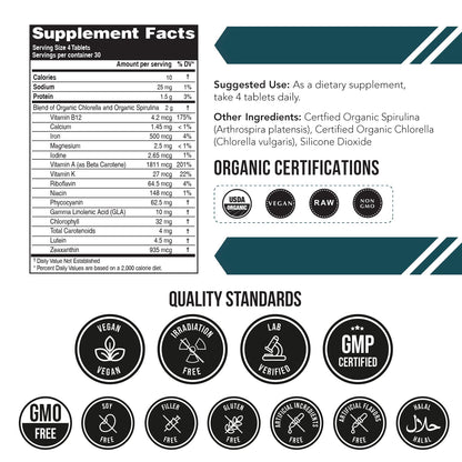 Organic Spirulina & Chlorella Tablets – 4 Organic Certifications, Raw, Non-Irradiated – 50/50 Blue Green Algae Blend – Antioxidant Content Equal to 5 Servings of Vegetables (120 Tablets) - dailyvitalstore
