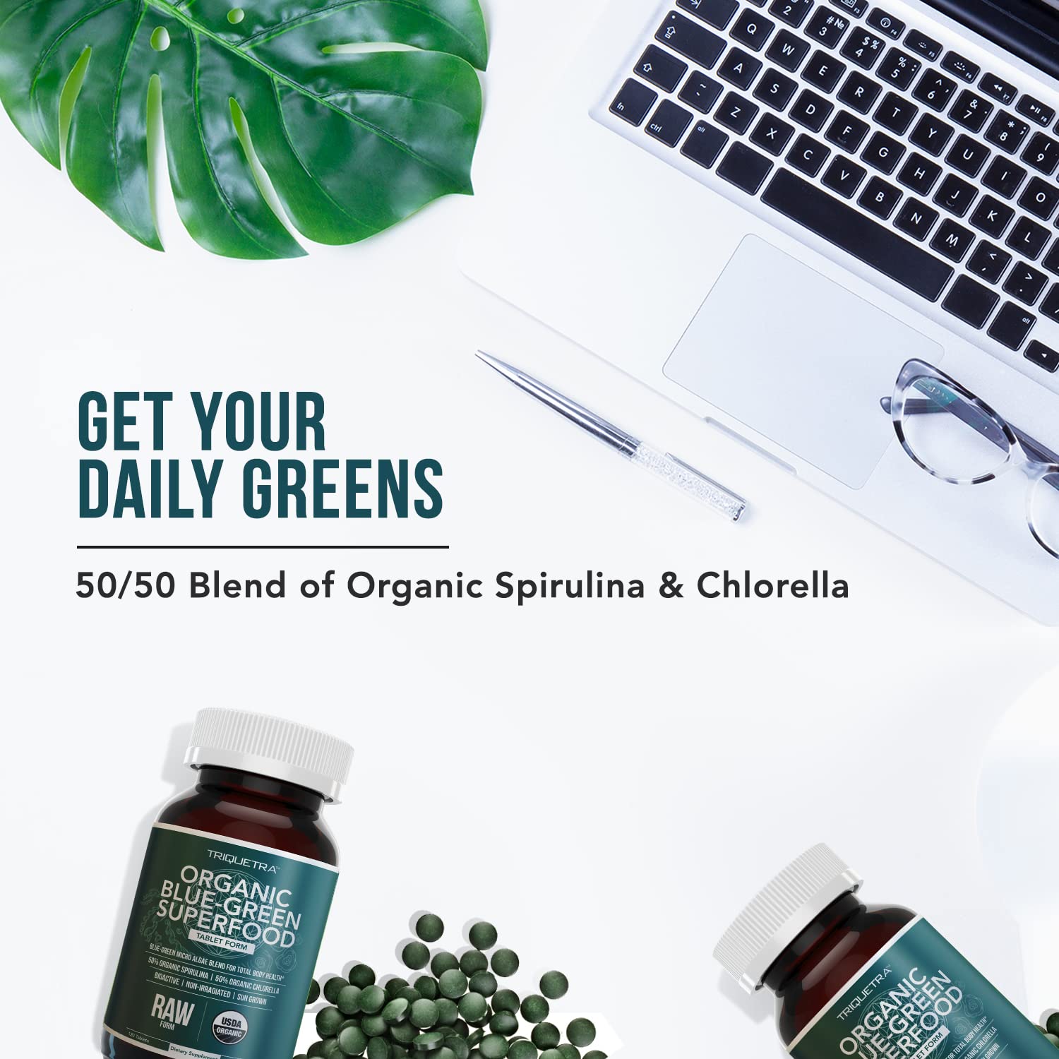 Organic Spirulina & Chlorella Tablets – 4 Organic Certifications, Raw, Non-Irradiated – 50/50 Blue Green Algae Blend – Antioxidant Content Equal to 5 Servings of Vegetables (120 Tablets) - dailyvitalstore