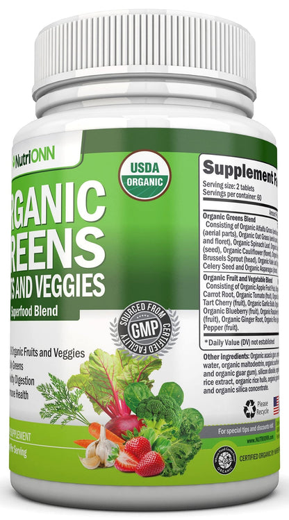 Organic Super Greens Capsules - Fruit And Vegetable Supplements - 120 Count - 28 USDA Organic & Vegan Premium Ingredients - Superfood Blend For Immune Health, Digestion & Energy - Whole Food Vitamins - dailyvitalstore