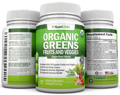 Organic Super Greens Capsules - Fruit And Vegetable Supplements - 120 Count - 28 USDA Organic & Vegan Premium Ingredients - Superfood Blend For Immune Health, Digestion & Energy - Whole Food Vitamins - dailyvitalstore