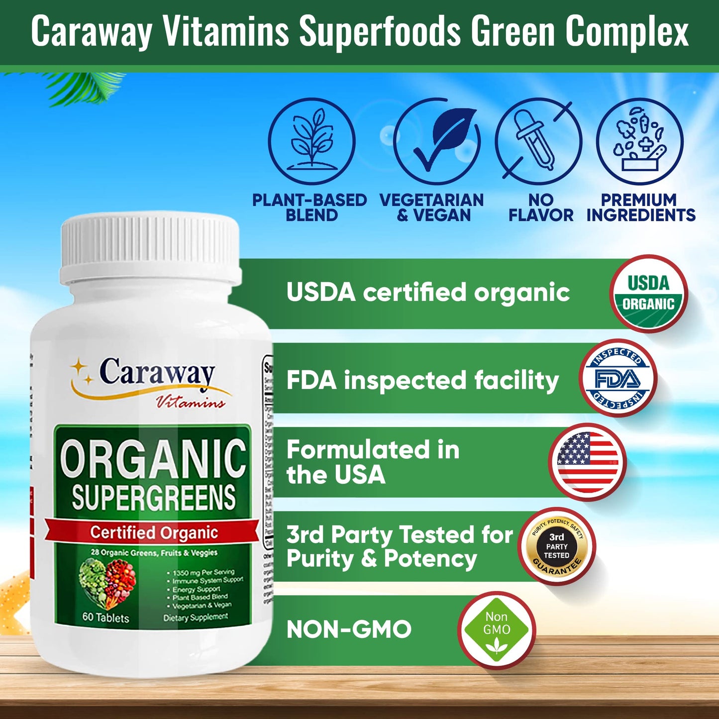 Organic Superfoods Vitamins Super Greens Complex by Caraway Vitamins 1,350 mg per Serving 28 Fruits Vegetables Greens 60 Count Tablets Non-GMO Natural for Men & Women - dailyvitalstore