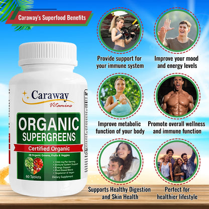 Organic Superfoods Vitamins Super Greens Complex by Caraway Vitamins 1,350 mg per Serving 28 Fruits Vegetables Greens 60 Count Tablets Non-GMO Natural for Men & Women - dailyvitalstore