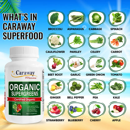 Organic Superfoods Vitamins Super Greens Complex by Caraway Vitamins 1,350 mg per Serving 28 Fruits Vegetables Greens 60 Count Tablets Non-GMO Natural for Men & Women - dailyvitalstore