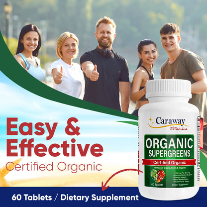 Organic Superfoods Vitamins Super Greens Complex by Caraway Vitamins 1,350 mg per Serving 28 Fruits Vegetables Greens 60 Count Tablets Non-GMO Natural for Men & Women - dailyvitalstore