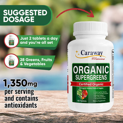 Organic Superfoods Vitamins Super Greens Complex by Caraway Vitamins 1,350 mg per Serving 28 Fruits Vegetables Greens 60 Count Tablets Non-GMO Natural for Men & Women - dailyvitalstore