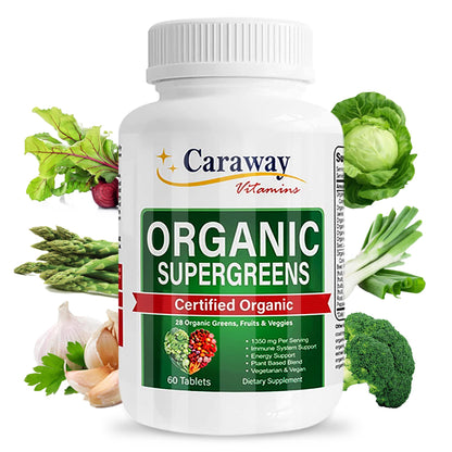 Organic Superfoods Vitamins Super Greens Complex by Caraway Vitamins 1,350 mg per Serving 28 Fruits Vegetables Greens 60 Count Tablets Non-GMO Natural for Men & Women - dailyvitalstore