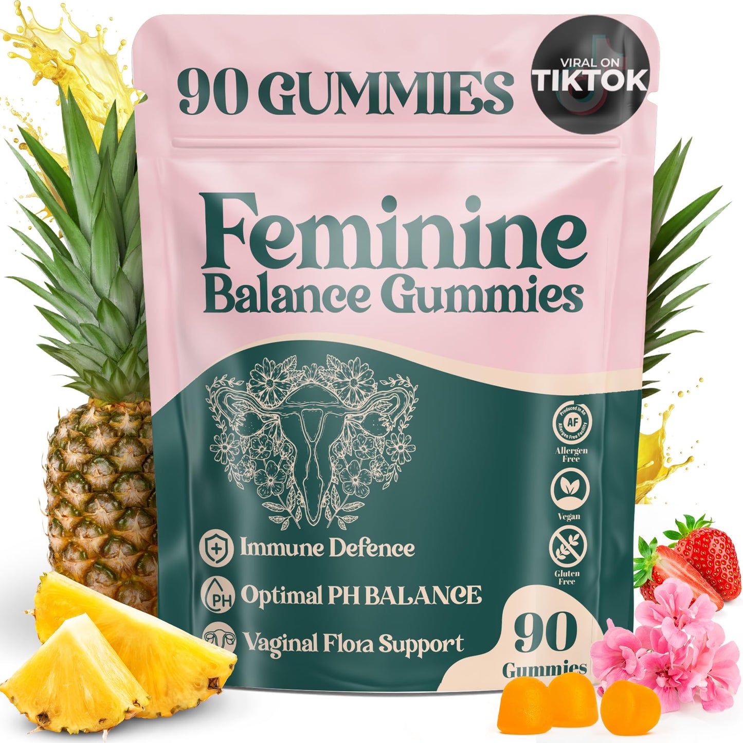 ORGANIC UPLIFT Premium Feminine Balance Gummies - for Women’s Health & Wellness - Immune Support - Vegan, Gluten-Free - Hawaiian Pineapple - 90 Gummies - 45 Servings - dailyvitalstore