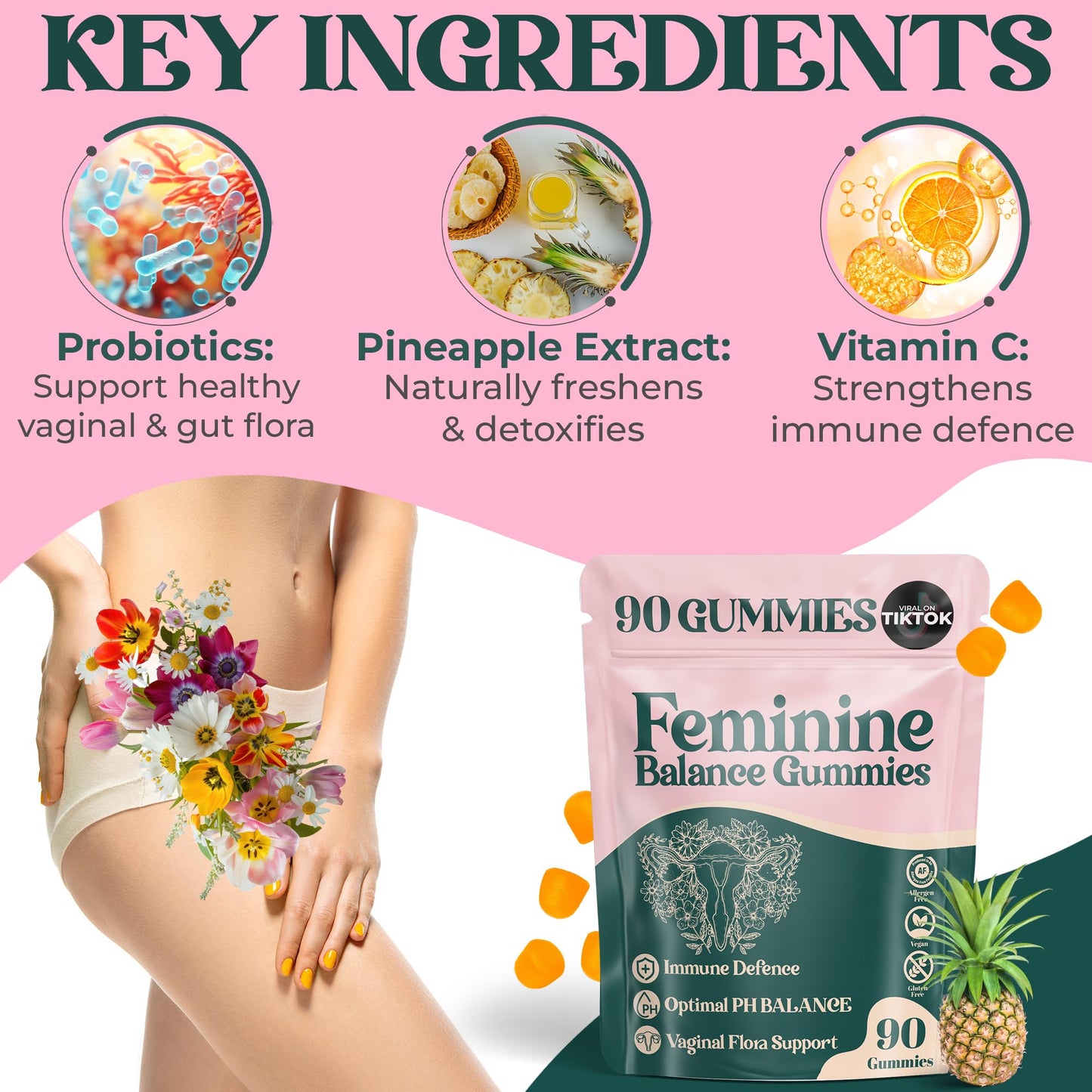 ORGANIC UPLIFT Premium Feminine Balance Gummies - for Women’s Health & Wellness - Immune Support - Vegan, Gluten-Free - Hawaiian Pineapple - 90 Gummies - 45 Servings - dailyvitalstore