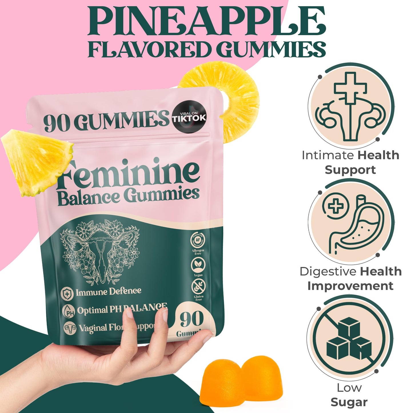ORGANIC UPLIFT Premium Feminine Balance Gummies - for Women’s Health & Wellness - Immune Support - Vegan, Gluten-Free - Hawaiian Pineapple - 90 Gummies - 45 Servings - dailyvitalstore
