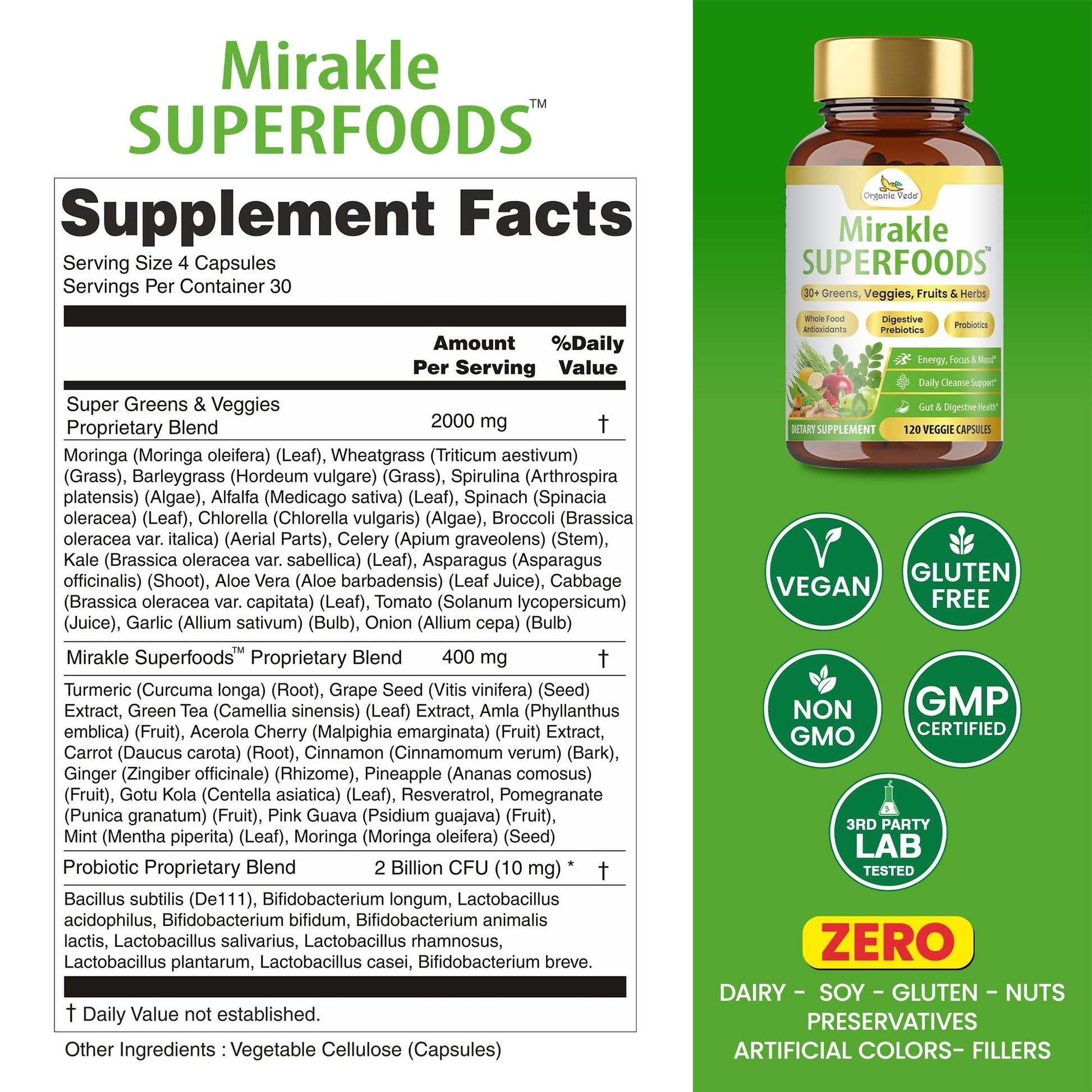 Organic Veda Mirakle Superfoods Greens Capsules - 30+ Daily Greens and Veggies Supplement with Moringa, Spirulina, Chlorella, Turmeric & Herbs, Antioxidants, Resveratrol, Probiotics - 120 Capsule - dailyvitalstore