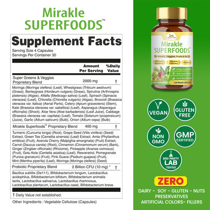 Organic Veda Mirakle Superfoods Greens Capsules - 30+ Daily Greens and Veggies Supplement with Moringa, Spirulina, Chlorella, Turmeric & Herbs, Antioxidants, Resveratrol, Probiotics - 120 Capsule - dailyvitalstore
