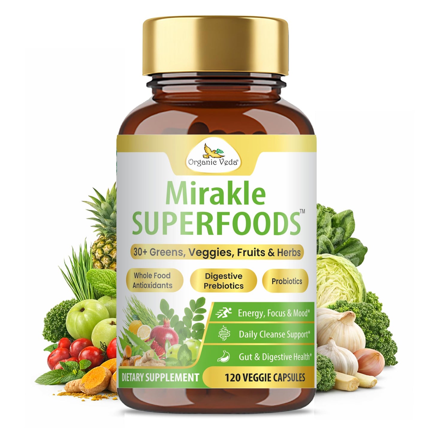 Organic Veda Mirakle Superfoods Greens Capsules - 30+ Daily Greens and Veggies Supplement with Moringa, Spirulina, Chlorella, Turmeric & Herbs, Antioxidants, Resveratrol, Probiotics - 120 Capsule - dailyvitalstore