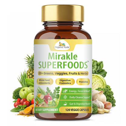 Organic Veda Mirakle Superfoods Greens Capsules - 30+ Daily Greens and Veggies Supplement with Moringa, Spirulina, Chlorella, Turmeric & Herbs, Antioxidants, Resveratrol, Probiotics - 120 Capsule - dailyvitalstore