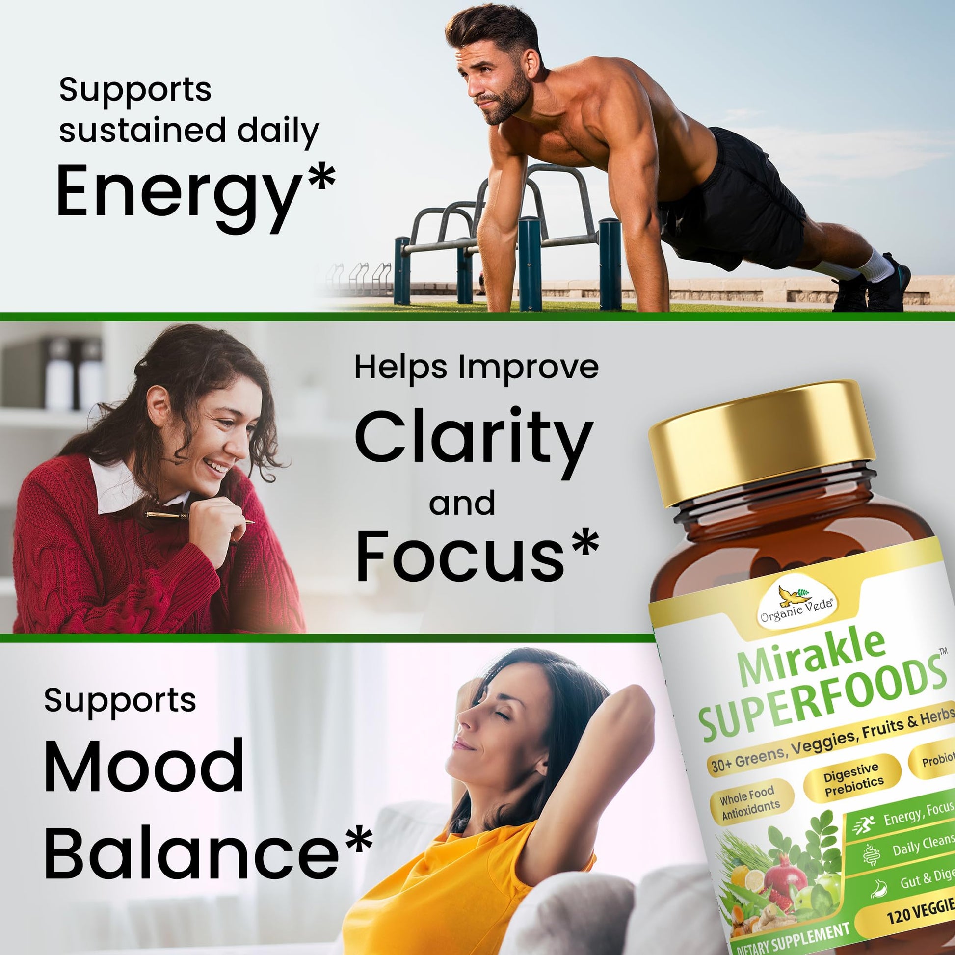 Organic Veda Mirakle Superfoods Greens Capsules - 30+ Daily Greens and Veggies Supplement with Moringa, Spirulina, Chlorella, Turmeric & Herbs, Antioxidants, Resveratrol, Probiotics - 120 Capsule - dailyvitalstore