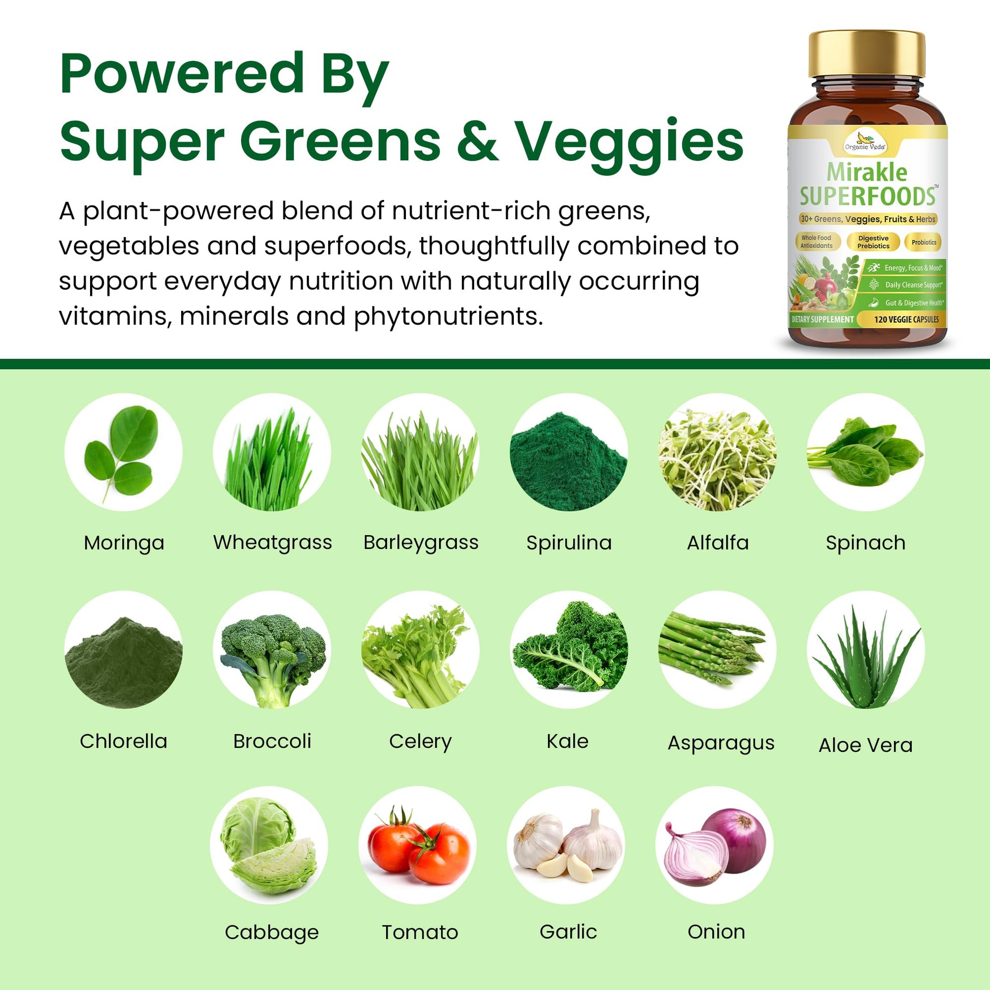Organic Veda Mirakle Superfoods Greens Capsules - 30+ Daily Greens and Veggies Supplement with Moringa, Spirulina, Chlorella, Turmeric & Herbs, Antioxidants, Resveratrol, Probiotics - 120 Capsule - dailyvitalstore